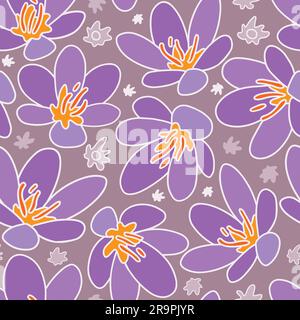 Crocus violet motif sans couture à grande échelle sur fond violet. Illustration de Vecteur