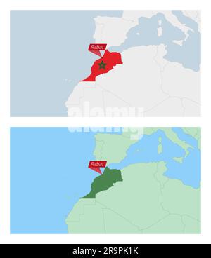 Carte du Maroc avec broche de la capitale du pays. Deux types de carte du Maroc avec les pays voisins. Modèle vectoriel. Illustration de Vecteur