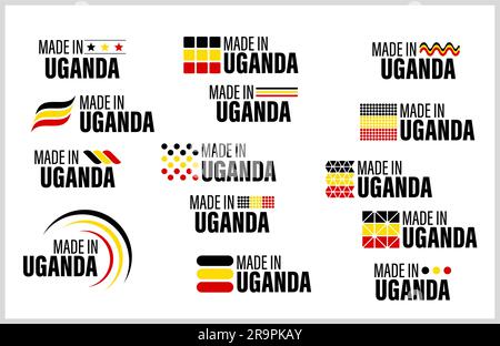 Jeu de motifs et d'étiquettes fabriqués en Ouganda. Élément d'impact pour l'utilisation que vous voulez en faire. Illustration de Vecteur