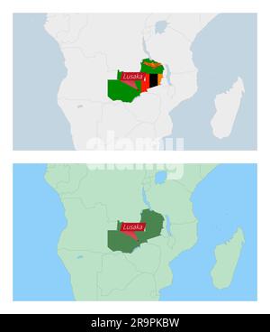 Carte de Zambie avec PIN de la capitale du pays. Deux types de carte de Zambie avec les pays voisins. Modèle vectoriel. Illustration de Vecteur