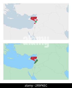 Carte du Liban avec broche de la capitale du pays. Deux types de carte du Liban avec les pays voisins. Modèle vectoriel. Illustration de Vecteur