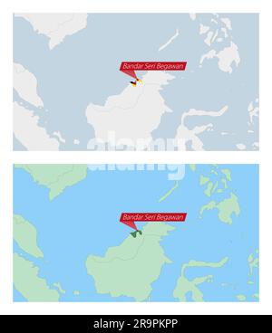 Carte de Brunei avec broche de la capitale du pays. Deux types de carte de Brunei avec les pays voisins. Modèle vectoriel. Illustration de Vecteur