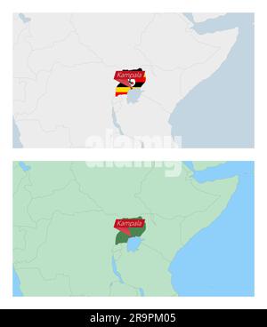 Carte de l'Ouganda avec broche de la capitale du pays. Deux types de carte de l'Ouganda avec les pays voisins. Modèle vectoriel. Illustration de Vecteur