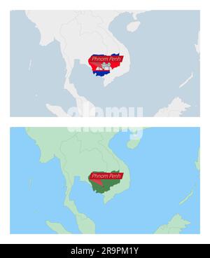 Carte du Cambodge avec broche de la capitale du pays. Deux types de carte du Cambodge avec les pays voisins. Modèle vectoriel. Illustration de Vecteur