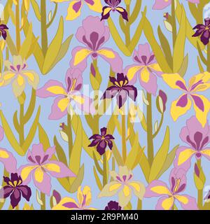 Jardin de fleurs d'iris. Motif sans couture sur fond bleu Illustration de Vecteur