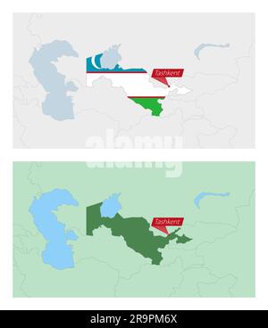 Carte de l'Ouzbékistan avec broche de la capitale du pays. Deux types de carte de l'Ouzbékistan avec les pays voisins. Modèle vectoriel. Illustration de Vecteur