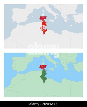 Carte de la Tunisie avec PIN de la capitale du pays. Deux types de carte de Tunisie avec les pays voisins. Modèle vectoriel. Illustration de Vecteur