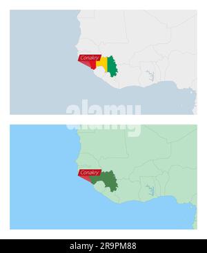 Carte de Guinée avec PIN de capitale du pays. Deux types de carte de Guinée avec les pays voisins. Modèle vectoriel. Illustration de Vecteur