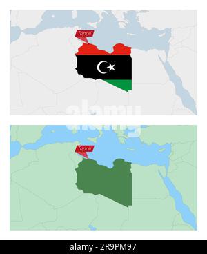 Carte de la Libye avec broche de la capitale du pays. Deux types de carte de la Libye avec les pays voisins. Modèle vectoriel. Illustration de Vecteur