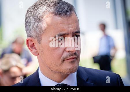 France, Villefranche-sur-Saône, 2023-06-23. Portrait de Gerald Darmanin, ministre de l'intérieur, lors de sa visite au poste de police. Banque D'Images