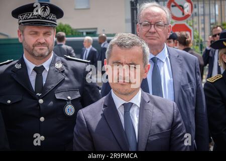 France, Villefranche-sur-Saône, 2023-06-23. Gerald Darmanin, ministre de l'intérieur, a inauguré le poste de police en présence d'élus locaux Banque D'Images