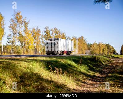 Un camion avec semi-remorque réfrigérée transporte des denrées périssables sur fond de forêt le long d'une route de campagne. Banque D'Images