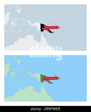 Carte de la Papouasie-Nouvelle-Guinée avec broche de la capitale du pays. Deux types de cartes de la Papouasie-Nouvelle-Guinée avec les pays voisins. Modèle vectoriel. Illustration de Vecteur