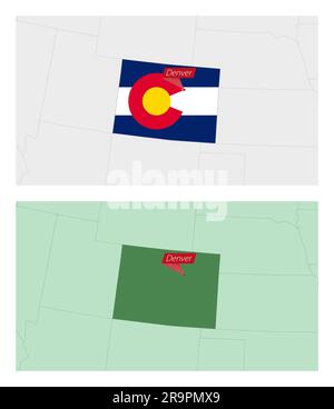 Carte du Colorado avec code PIN de la capitale du pays. Deux types de carte du Colorado avec les pays voisins. Modèle vectoriel. Illustration de Vecteur