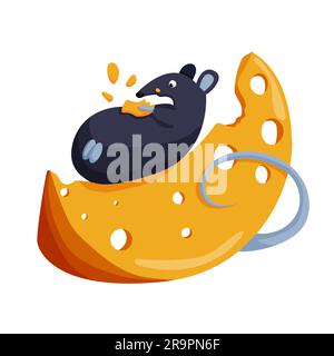 Souris d'Halloween avec un morceau de fromage. La souris repose sur le fromage. Illustration de dessin animé vectoriel isolée sur fond blanc. Illustration de Vecteur