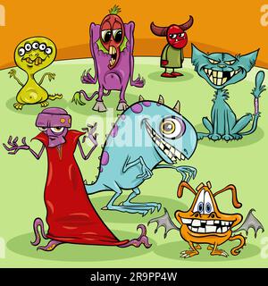 Dessin animé illustration du groupe de personnages fantaisie de monstres drôle Illustration de Vecteur