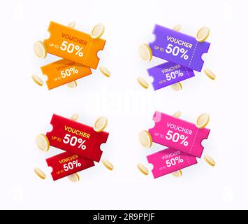 3d bons ou coupons avec pièces de monnaie dans différentes couleurs, style minimaliste, isolés sur fond blanc. Concept de promotion bannière, ventes, site Web, remise, prix bas, cadeau. 3d illustration vectorielle. Illustration vectorielle Illustration de Vecteur