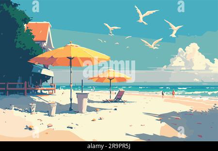 Les chaises longues de vacances d'été sur Sea Beach Paysage beau paysage de bord de mer Banner Seaside Holiday Vector Illustration Illustration de Vecteur