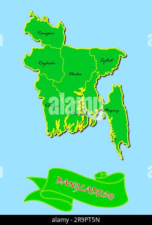 Carte du Bangladesh avec sous-régions en vert Nom du pays en rouge Banque D'Images