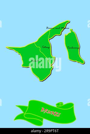 Carte de Brunei avec sous-régions en vert Nom du pays en rouge Banque D'Images