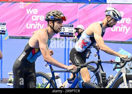 Cracovie, Pologne. 28th juin 2023. L'athlète de triathlon Noah Servais en action lors de l'événement de triathlon masculin aux Jeux européens de Cracovie, en Pologne, le mercredi 28 juin 2023. Les Jeux européens de 3rd, officieusement connus sous le nom de Cracovie-Malopolska 2023, sont des manifestations sportives internationales prévues du 21 juin au 02 juillet 2023 à Cracovie et à Malopolska, en Pologne. BELGA PHOTO TEAM BELGIQUE crédit: Belga News Agency/Alay Live News Banque D'Images