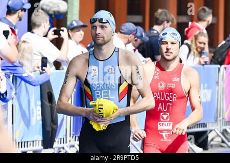 Cracovie, Pologne. 28th juin 2023. L'athlète de triathlon Noah Servais photographié lors de l'événement de triathlon masculin aux Jeux européens de Cracovie, en Pologne, le mercredi 28 juin 2023. Les Jeux européens de 3rd, officieusement connus sous le nom de Cracovie-Malopolska 2023, sont des manifestations sportives internationales prévues du 21 juin au 02 juillet 2023 à Cracovie et à Malopolska, en Pologne. BELGA PHOTO TEAM BELGIQUE crédit: Belga News Agency/Alay Live News Banque D'Images
