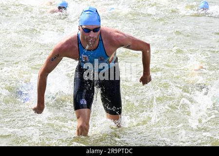 Cracovie, Pologne. 28th juin 2023. L'athlète de triathlon Noah Servais en action lors de l'événement de triathlon masculin aux Jeux européens de Cracovie, en Pologne, le mercredi 28 juin 2023. Les Jeux européens de 3rd, officieusement connus sous le nom de Cracovie-Malopolska 2023, sont des manifestations sportives internationales prévues du 21 juin au 02 juillet 2023 à Cracovie et à Malopolska, en Pologne. BELGA PHOTO TEAM BELGIQUE crédit: Belga News Agency/Alay Live News Banque D'Images