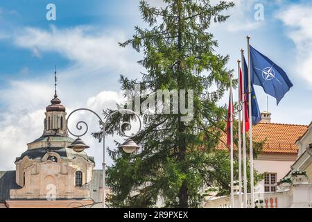 Les drapeaux de l'OTAN, de l'Organisation du Traité de l'Atlantique Nord, de l'Union européenne et de la Lituanie se sont rassemblés lors du sommet de l'OTAN 2023 au centre de Vilnius Banque D'Images