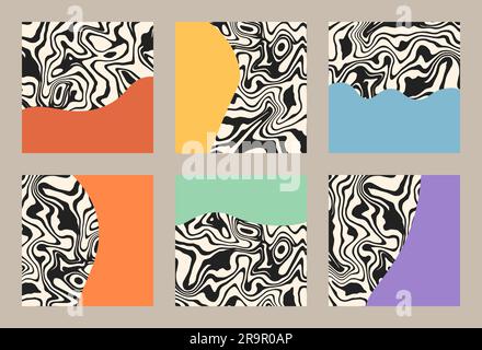 Définissez des arrière-plans carrés abstraits dans un style groovy rétro. Motifs psychédéliques en marbre tendance 60-70s. Modèles de couverture vectoriels cool pour la publication sur les médias sociaux Illustration de Vecteur