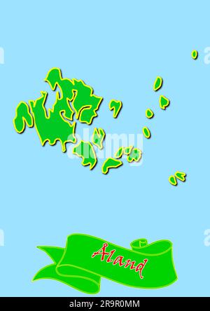 Carte d'Åland avec sous-régions en vert Nom du pays en rouge Banque D'Images