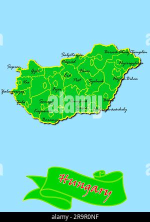 Carte de la Hongrie avec sous-régions en vert Nom du pays en rouge Banque D'Images