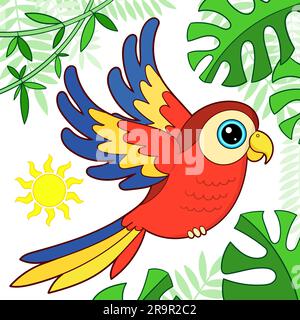 Mignon dessin animé macaw perroquet.thème de l'été, exotique. Pour la conception d'imprimés, d'affiches, de cartes, de puzzles, d'autocollants et ainsi de suite pour les enfants. Illustration vectorielle Illustration de Vecteur