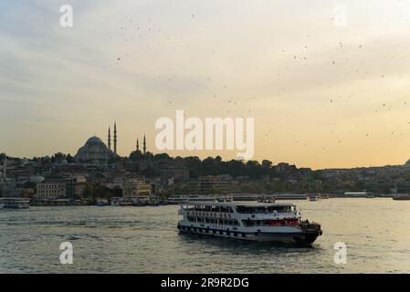 Istanbul, Turquie - 14 Mat 2023 : le ferry en ligne traverse le canal de la Corne d'Or et le paysage urbain au coucher du soleil. Transports en commun à Istanbul. TRAV Banque D'Images