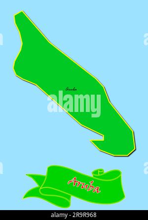 Carte d'Aruba avec sous-régions en vert Nom du pays en rouge Banque D'Images