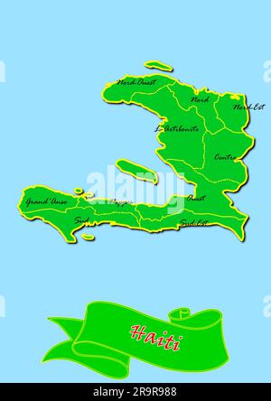 Carte d'Haïti avec sous-régions en vert Nom du pays en rouge Banque D'Images