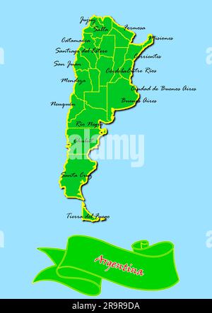 Carte de l'Argentine avec sous-régions en vert Nom du pays en rouge Banque D'Images