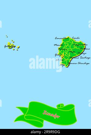 Carte de l'Équateur avec sous-régions en vert Nom du pays en rouge Banque D'Images