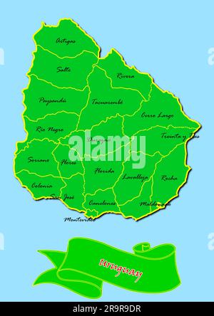 Carte de l'Uruguay avec sous-régions en vert Nom du pays en rouge Banque D'Images
