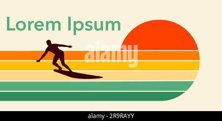 Un surfeur mâle est vu sur sa planche à voile sur un motif graphique coloré d'un coucher de soleil sur l'océan. Il s'agit d'un design pour un logo ou une icône de surf. Banque D'Images