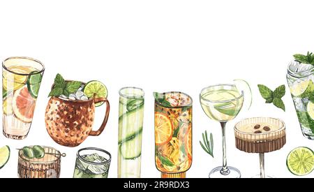 Cadre aquarelle, verres à cocktail : martini, gin, margarita, mojito, liqueur, rhum, mule de moscou. Illustration dessinée à la main isolée sur fond blanc Banque D'Images