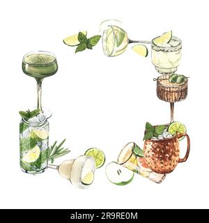 Cadre aquarelle, verres à cocktail : martini, gin, margarita, mojito, liqueur, rhum, mule de moscou. Illustration dessinée à la main isolée sur fond blanc Banque D'Images