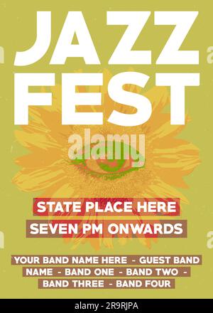 festival ou fête de musique jazz, affiche, brochure ou dépliant de concerts de jazz de nuit, fleur de soleil orange et thème des yeux avec place et liste des groupes invités Illustration de Vecteur