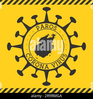 Virus Corona dans le signe de Paros. Badge rond avec forme de virus et carte Paros. Timbre de verrouillage de l'épidemy de l'île jaune. Illustration vectorielle. Illustration de Vecteur