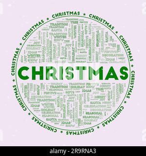 Noël - badge rond. Texte noël avec mots-clés nuages de mots et texte circulaire. Thème de couleur Hulk et texture grunge. Illustration vectorielle élégante. Illustration de Vecteur