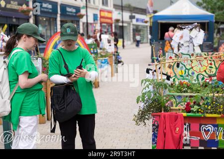 Bromley Londres Royaume-Uni. 28th juin 2023. Le concours Bromley Floral Fest 2023 est en cours à Bromley Hight Street. Les parents et les enfants de l'école visitent l'exposition florale de leur école créée dans le jardinier, qui sont tous ouverts au vote public pour choisir un gagnant. Credit: Xiu Bao/Alamy Live News Banque D'Images