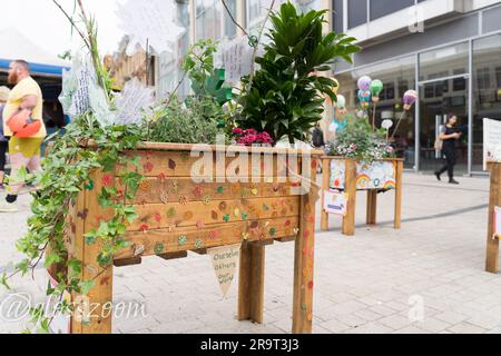 Bromley Londres Royaume-Uni. 28th juin 2023. Le concours Bromley Floral Fest 2023 est en cours à Bromley Hight Street. Les parents et les enfants de l'école visitent l'exposition florale de leur école créée dans le jardinier, qui sont tous ouverts au vote public pour choisir un gagnant. Credit: Xiu Bao/Alamy Live News Banque D'Images