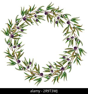 Couronne d'aquarelle de branches d'olive avec fruits. Bordure de cercle floral peinte à la main avec fruits d'olive et branches d'arbre isolées sur fond blanc. Pour Banque D'Images