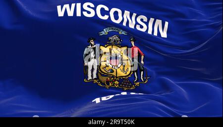 Gros plan du drapeau de l'État du Wisconsin ondulant dans le vent. Upper Midwestern United States State. rendu d'illustration 3d. Tissu flottant. Banque D'Images