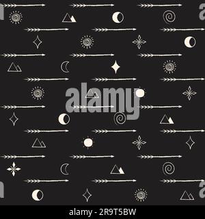 Motif aztèque flèches noires et blanches motif sans couture Spear, soleil, lune, étoile, pyramide fond décoratif ligne mince Illustration vectorielle Isola Illustration de Vecteur