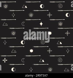 Motif aztèque flèches noires et blanches motif sans couture Spear, soleil, lune, étoile, pyramide fond décoratif ligne mince Illustration vectorielle Isola Illustration de Vecteur